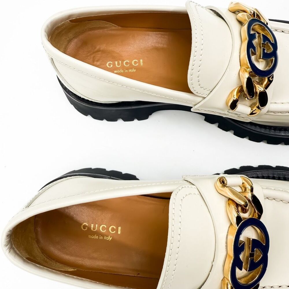 Gucci Jeanne GG Chain Lug Sole White Leather Platform Loafers EU 38 US 8 - Picture 11 of 12
